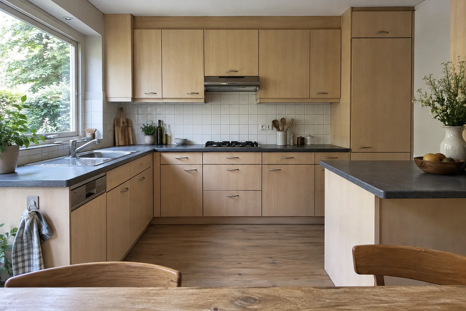 The original example kitchen with light beech cabinets and dark countertops.